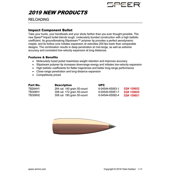 Speer Bullets Impact, Speer Tb264h1 Bull .264 140 Tipped Plated Cb    50