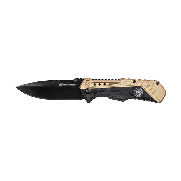 S&w Knife Black/fde Spring Ast - 3.5" Black Blade Rub/alum